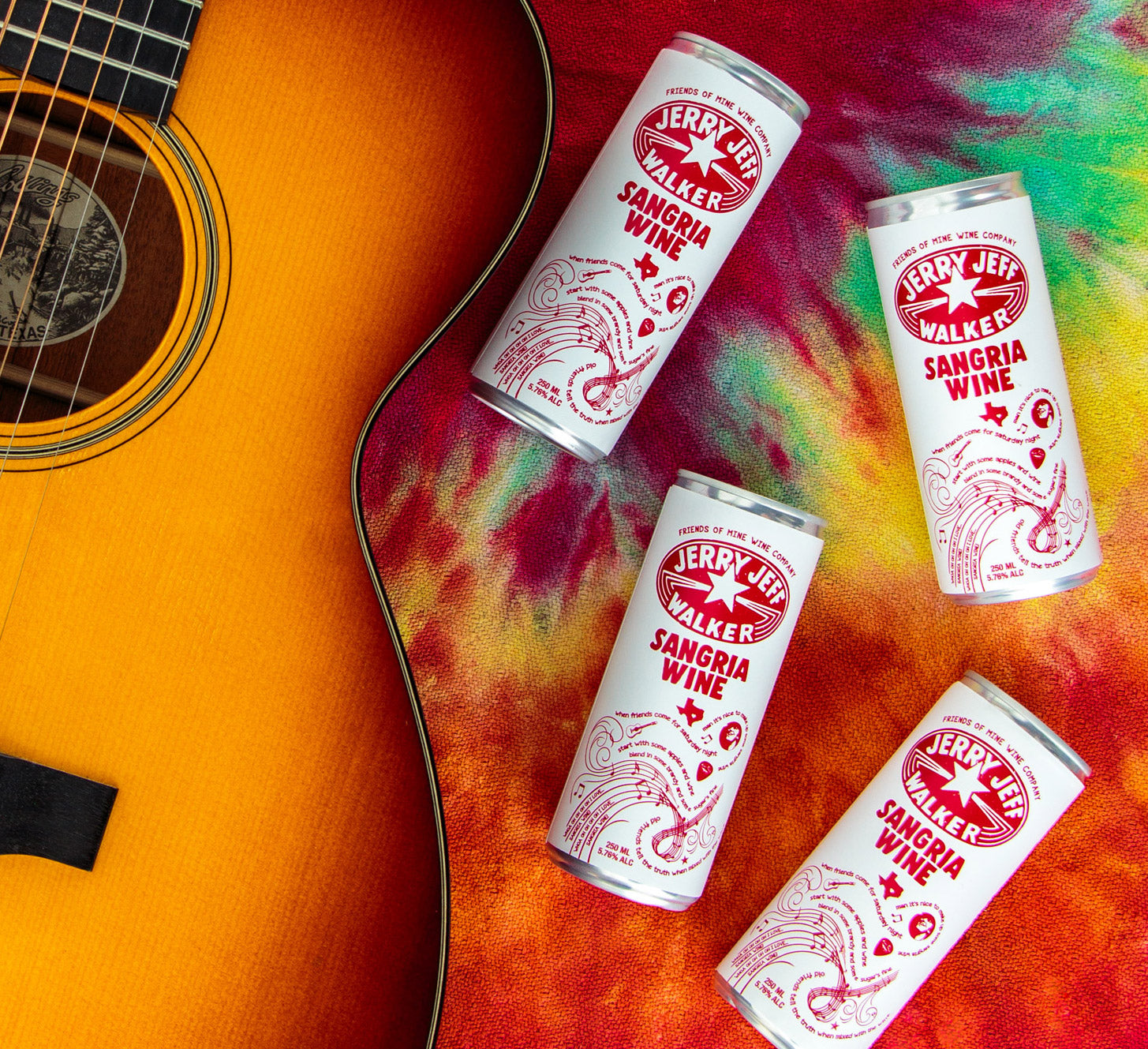 Guitar and Sangria Wine cans on a tie-dye backdrop